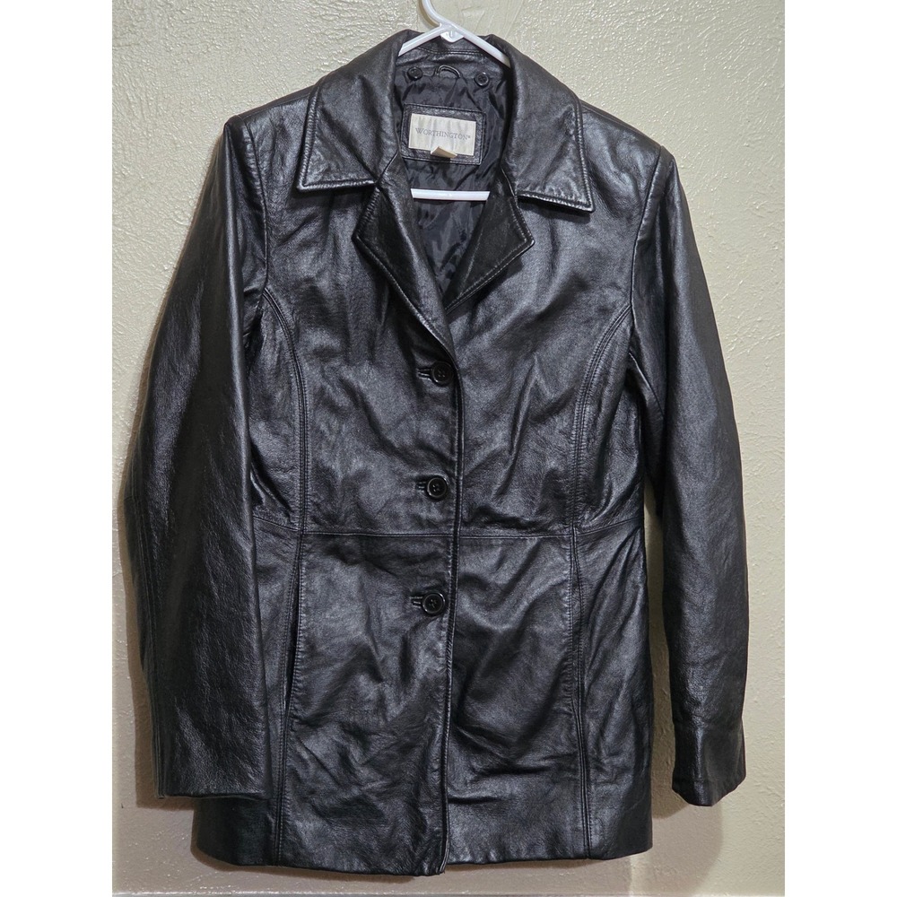 Worthington Womens Black Genuine Leather Blazer Jacket Quilted Lining Small moto
